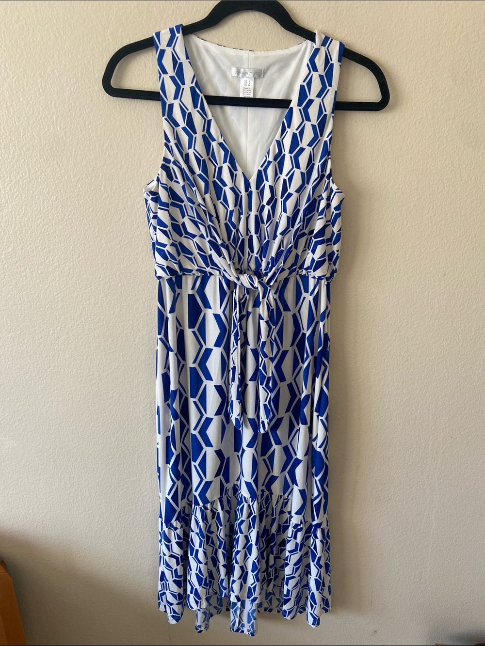 London Times Blue & White Geometric Tie-Waist Midi Dress